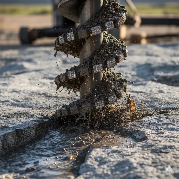 Close-up of a Desert Eagle Drilling drill bit used on Johnson County, Texas water wells