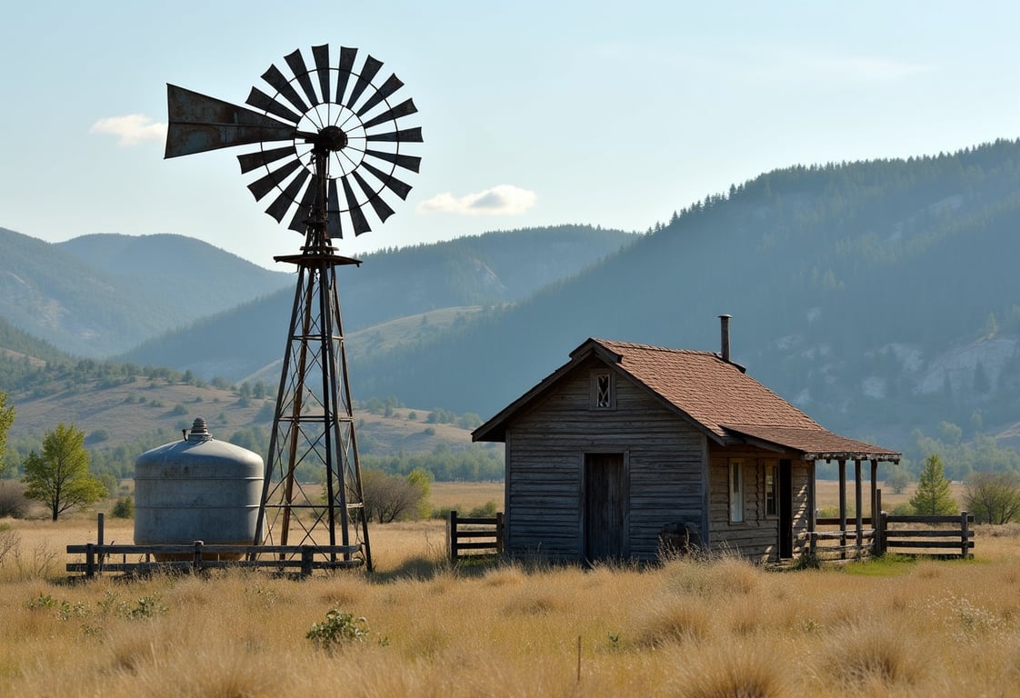 Rural water well pressure tank and windmill on a Hood County, Texas property near the Brazos River