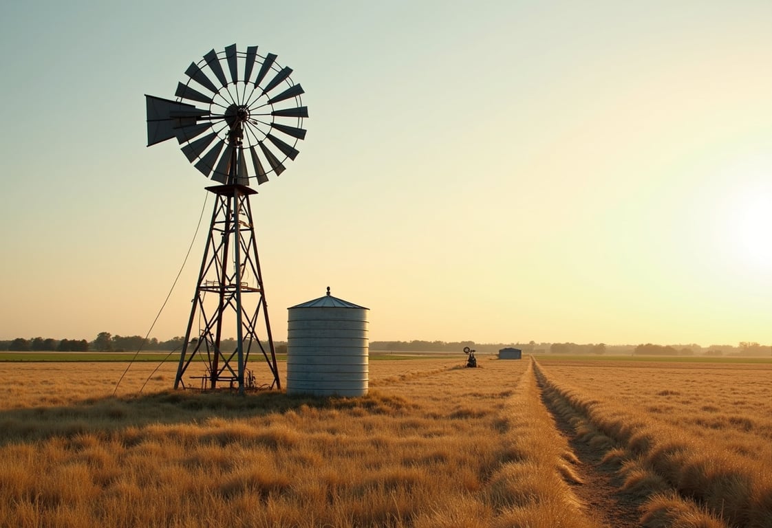 Windmill and galvanized water storage tank on a Johnson County, Texas prairie farm