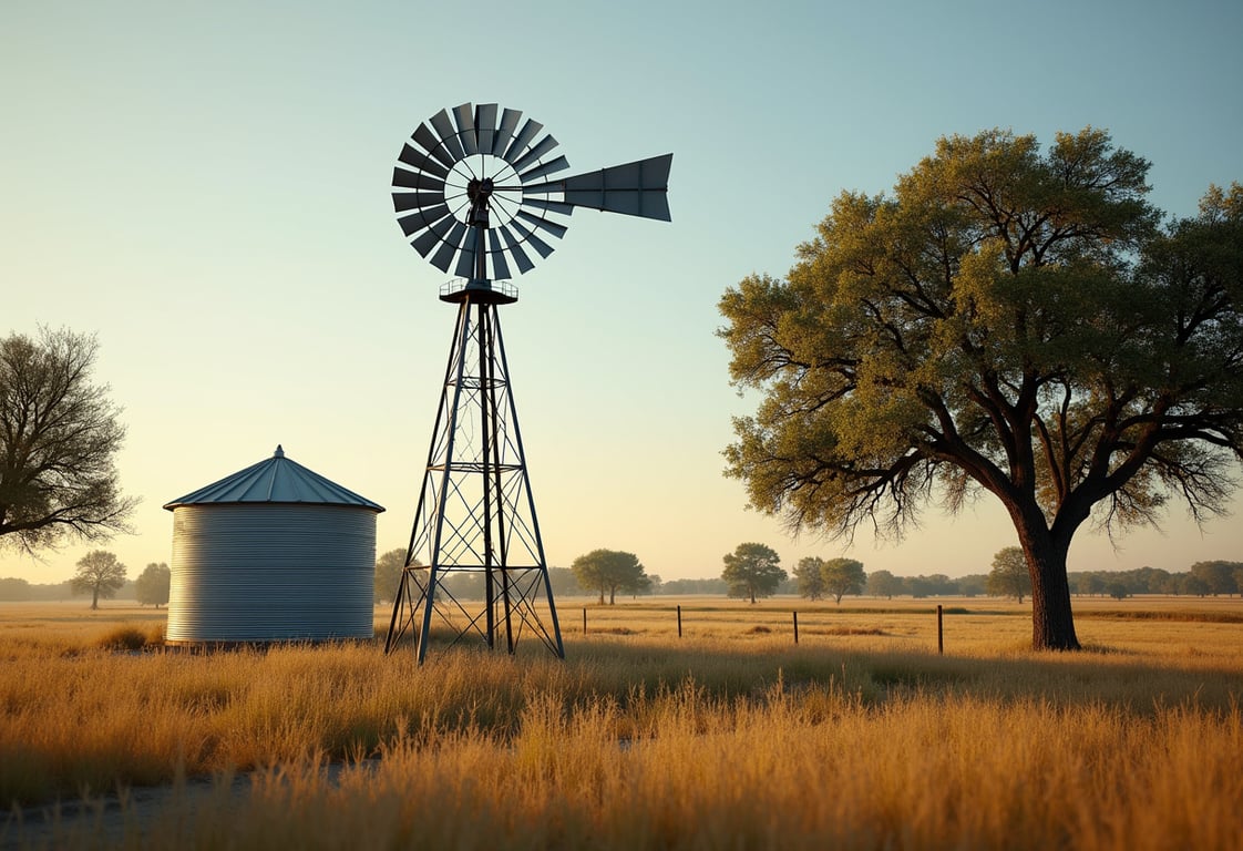 Rural windmill and galvanized water tank on Grayson County, Texas farmland near the Red River