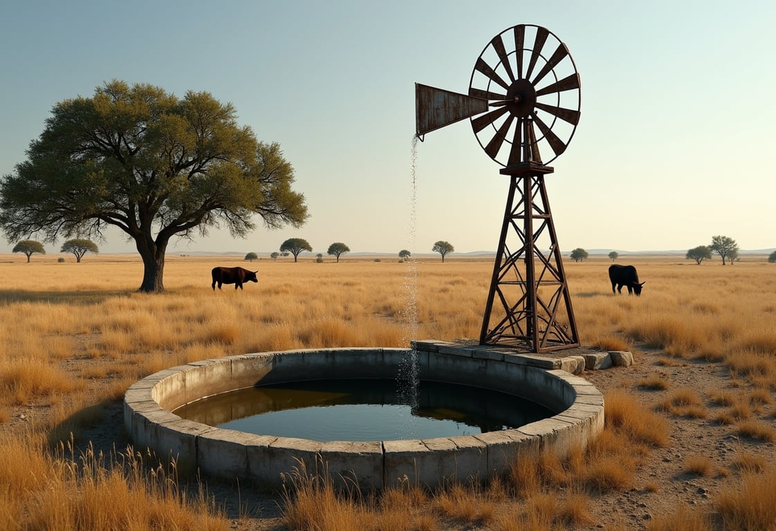 Ranch windmill pumping groundwater into a stock tank on Wise County, Texas rangeland