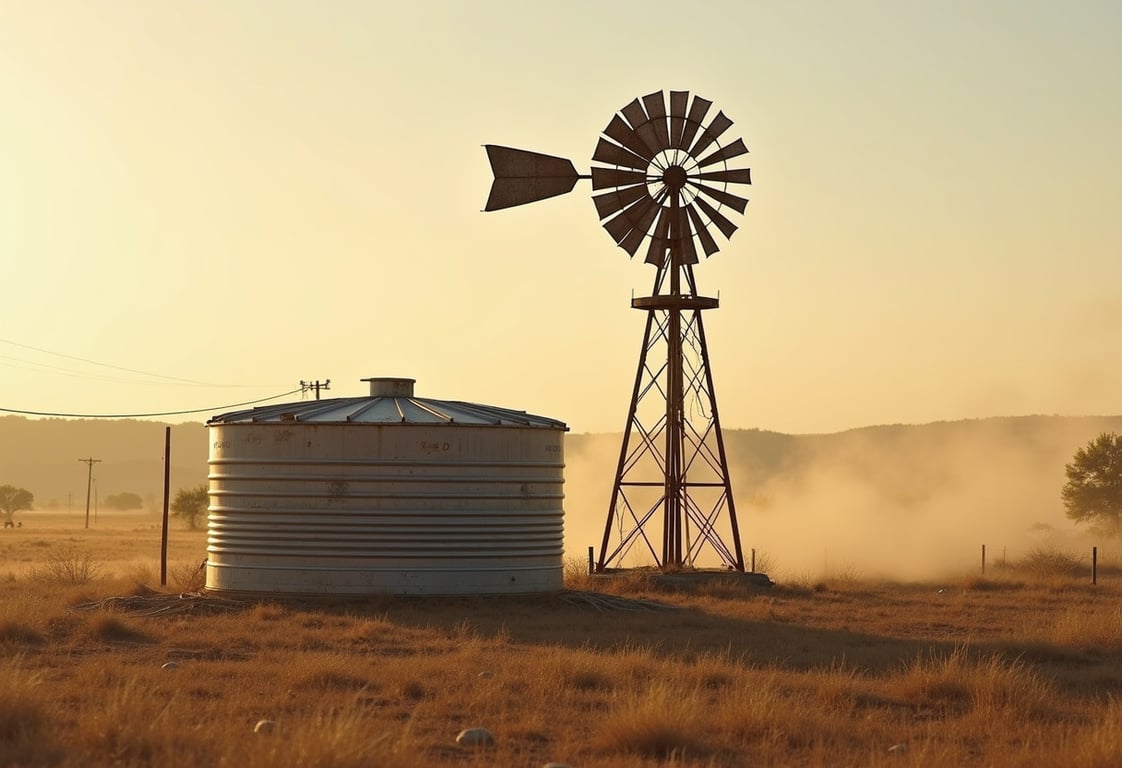 Weathered windmill over a metal stock tank in dry Jack County, Texas mesquite rangeland