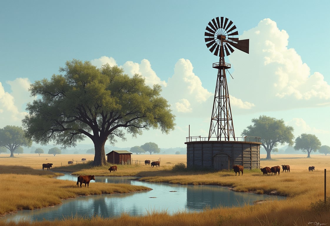 Windmill over a stock tank on a Cooke County, Texas ranch with grazing cattle