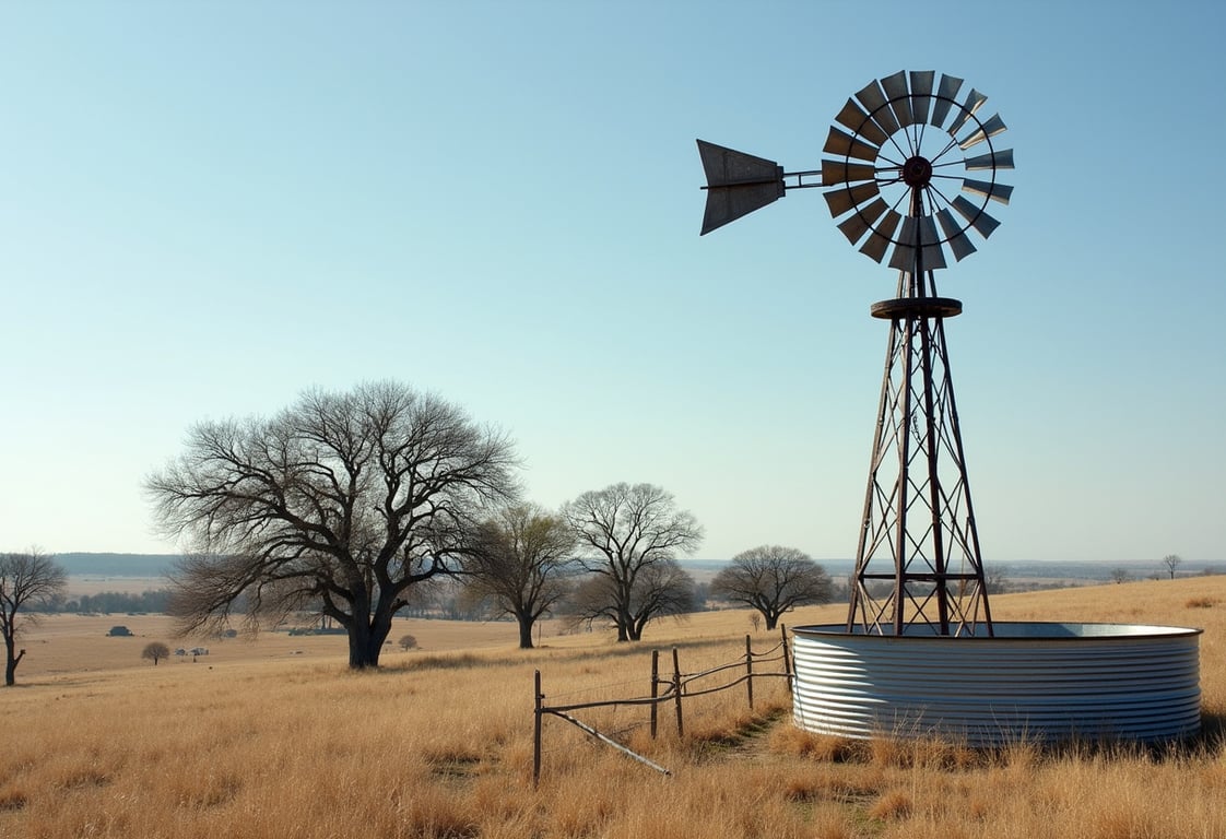 Weathered galvanized windmill and metal stock tank pumping groundwater in a Parker County, Texas hill-country pasture