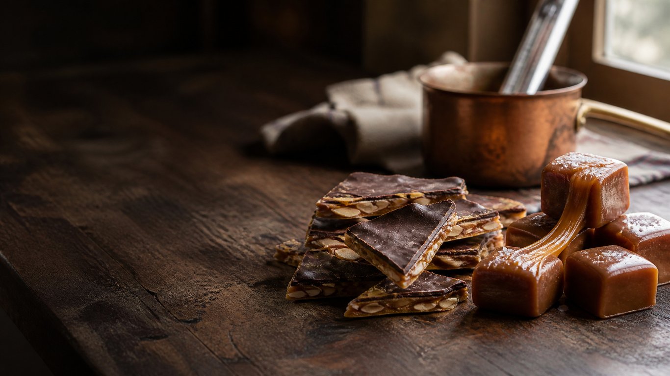 Chocolate-covered almond butter toffee shards next to soft sea salt caramels on a rustic wooden table