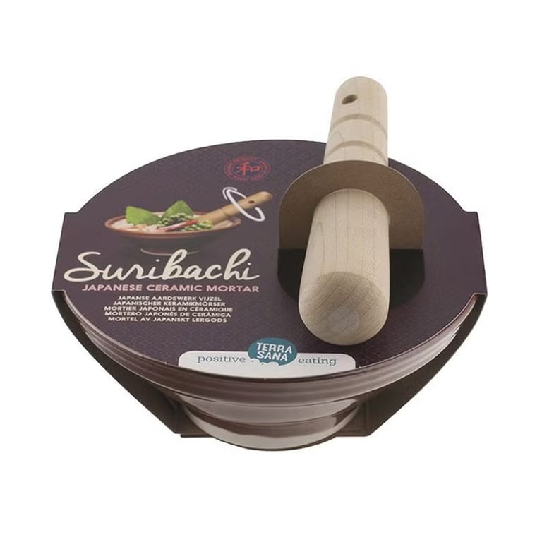 Suribachi & Surikogi Mortero Japonés Cerámica con Mano de Madera 18 cm