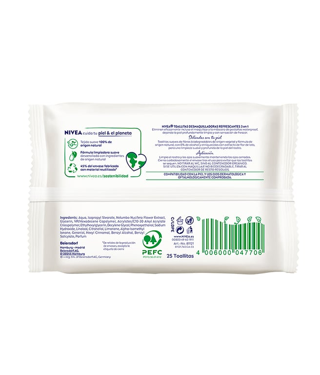 TOALHETES DESMAQUILHANTES REFRESCANTES PELE NORMAL 25 Unds da Nivea