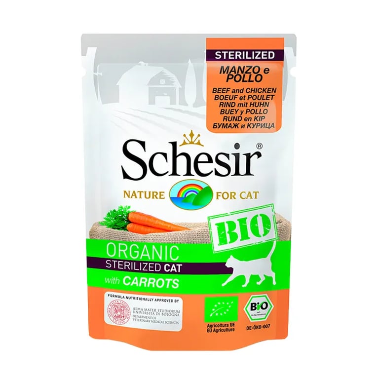 Cibo Umido Bio Gatti Sterilizzati Manzo e Pollo con Carote