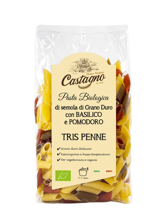 Tris-Penne de Sémola de Trigo Duro con Albahaca y Tomate