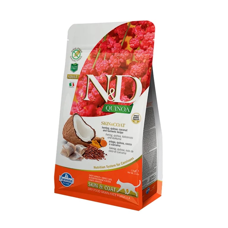 Katzenfutter Adult ND Skin Coad Hering, Quinoa und Kokosnuss.