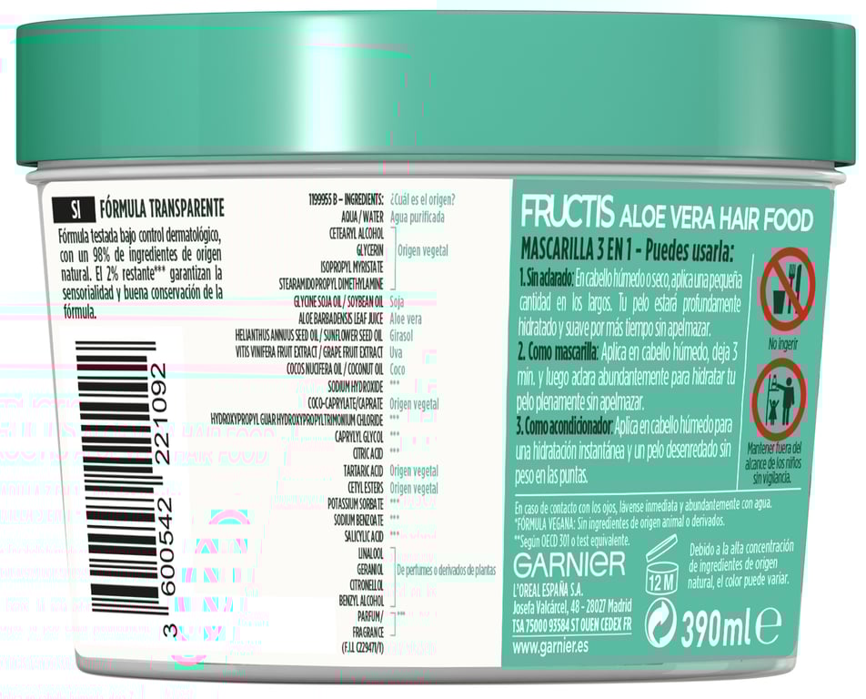 Fructis Hair Food Aloe Masque Hydratant 390 ml de Garnier