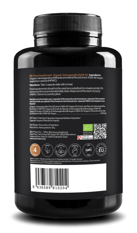 Extrait De Racine d'Ashwagandha Bio KSM-66 Végétalien 120 Gélules de Zenement