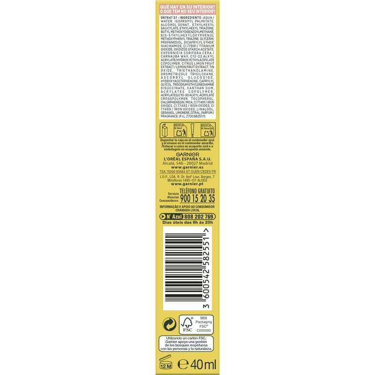 Skin Active UV Diario Antimanchas Efecto Glow Vitamina C SPF50+ 40 ml de Garnier