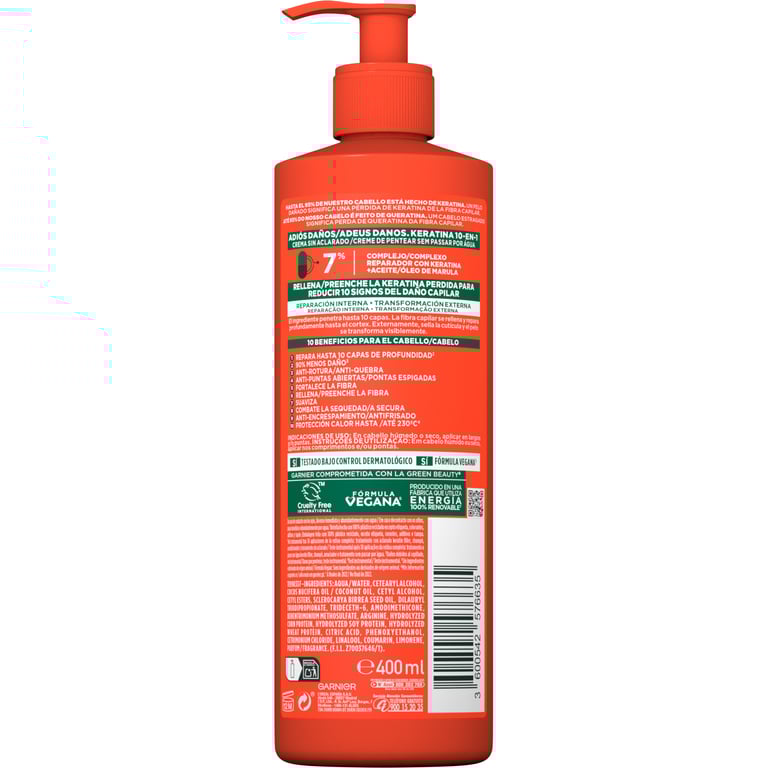 Fructis Keratin 10 En 1 Au Revoir Aux Dommages 400 ml de Garnier