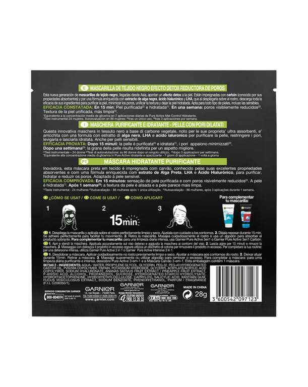 Pure Charcoal Black Mask Tissu Detox Effect de Garnier