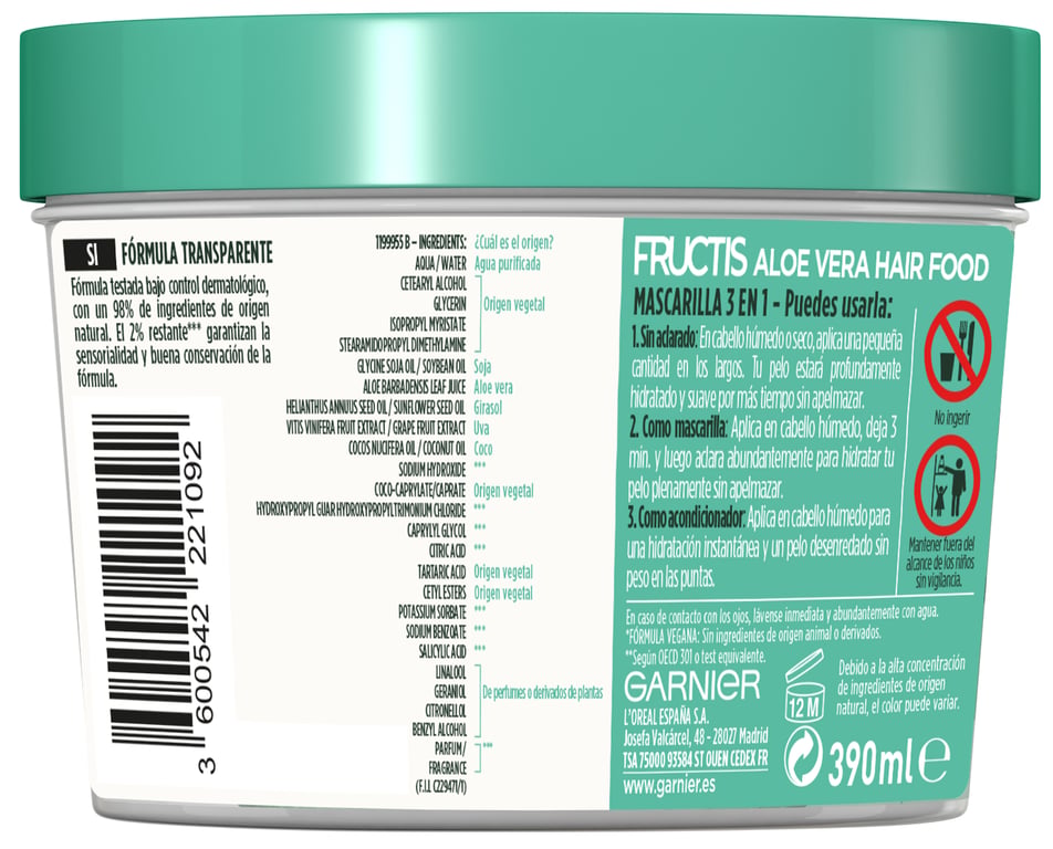 Fructis Hair Food Aloe Masque Hydratant 390 ml de Garnier - imagen 6 de 12