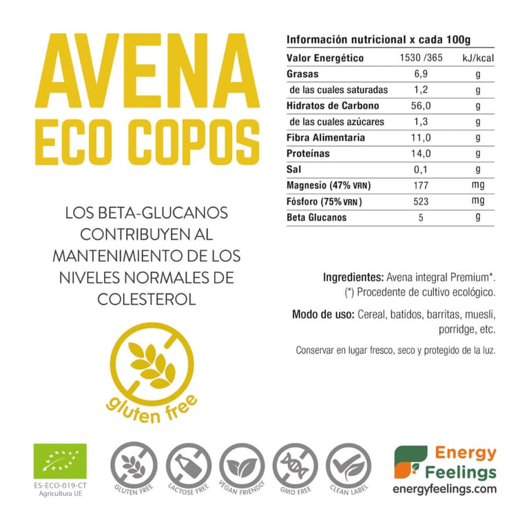 Copos De Avena Finos Sin Gluten Eco 500g de Energy Feeling