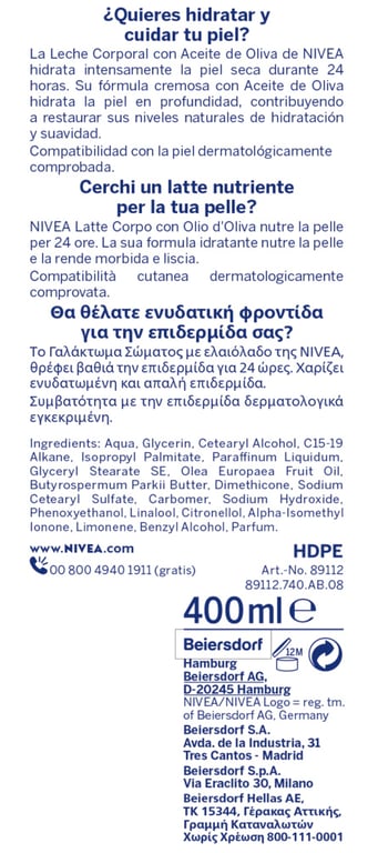 Huile D'olive Lait Corps Peaux Seca 400 ml de Nivea