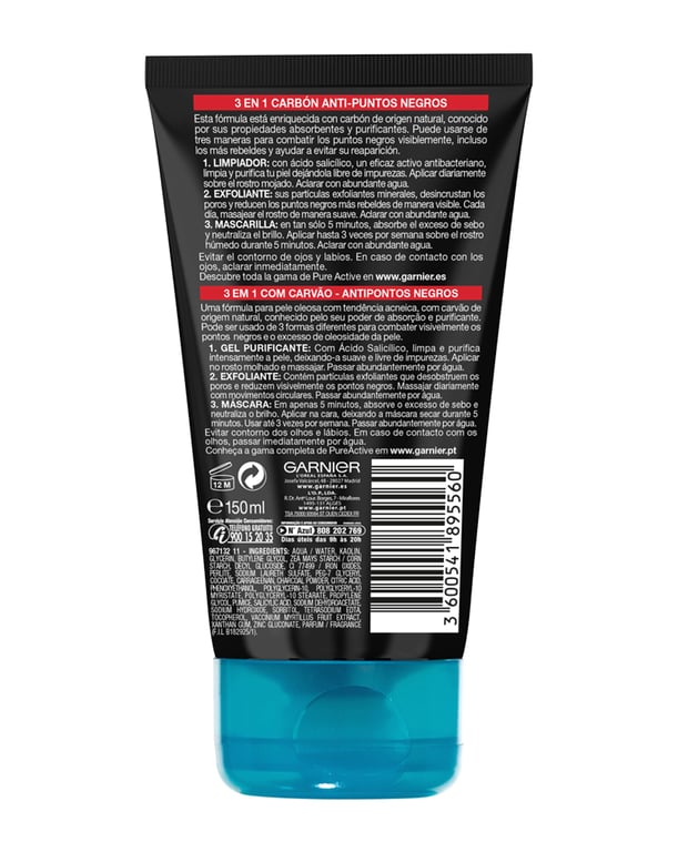 Pure Active 3 En 1 Charbon Intensif Gel Points Noirs 150 ml de Garnier