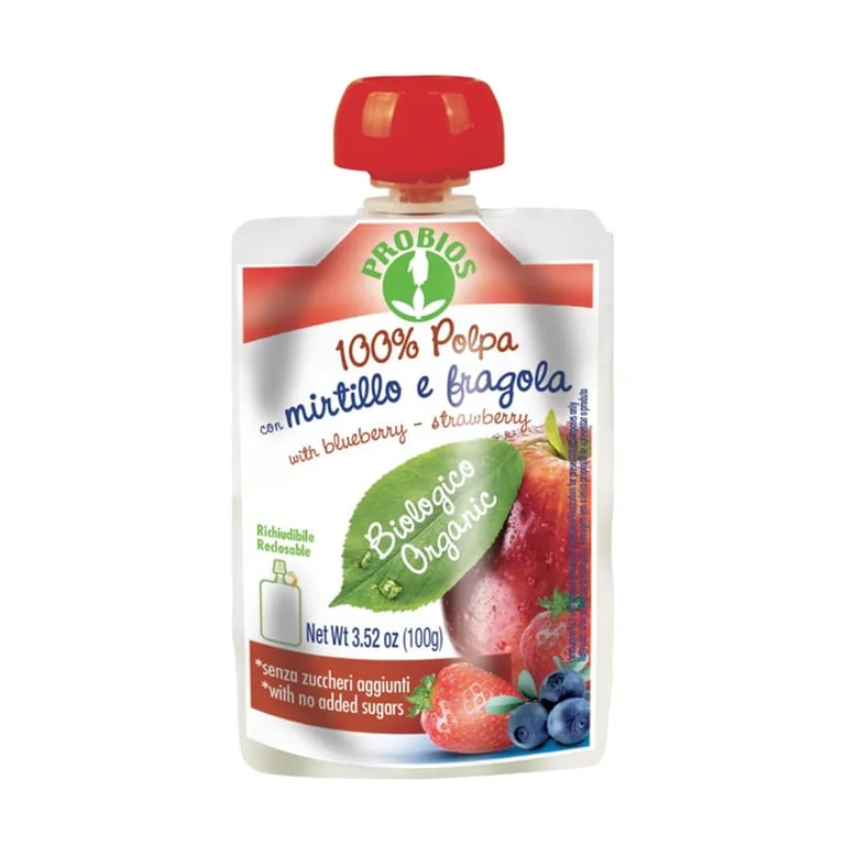 100% Pulpa De Manzana Arándanos Y Fresa Bio