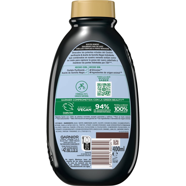 Original Remedies Champú Carbón Magnético 400 ml de Garnier