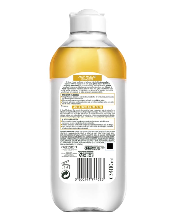 Skin Active Agua Micelar En Aceite Waterproof 400 ml de Garnier