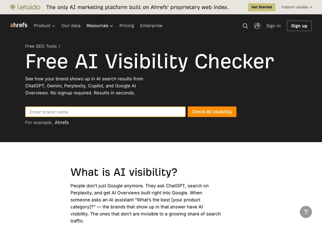 Ahrefs free AI Visibility Checker covering ChatGPT, Gemini, Perplexity, Copilot, and Google AI Overviews with brand name input