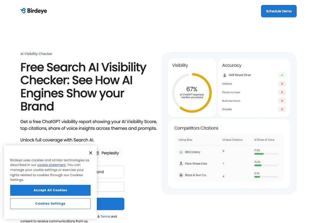 Birdeye free AI visibility checker for local businesses covering ChatGPT, Gemini, and Perplexity with single location or brand options