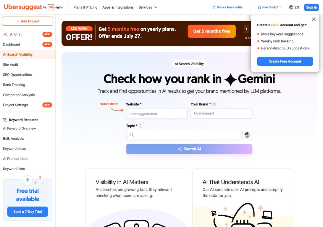 Neil Patel AI Brand Visibility tool inside the Ubersuggest app with AI Search Visibility in the sidebar