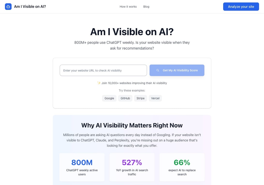 AmIVisibleOnAI homepage offering an instant free AI visibility score for ChatGPT, Claude, and Gemini