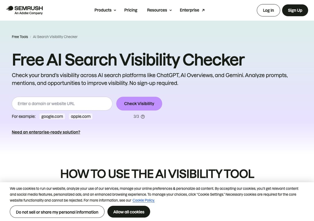 Semrush free AI Search Visibility Checker landing page with domain input and no-signup-required note