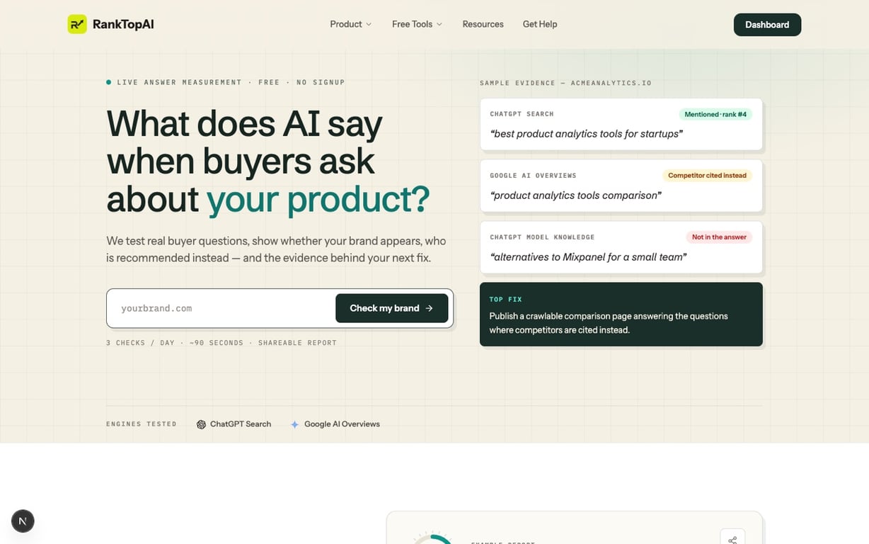 RankTopAI free AI visibility checker sample evidence screenshot