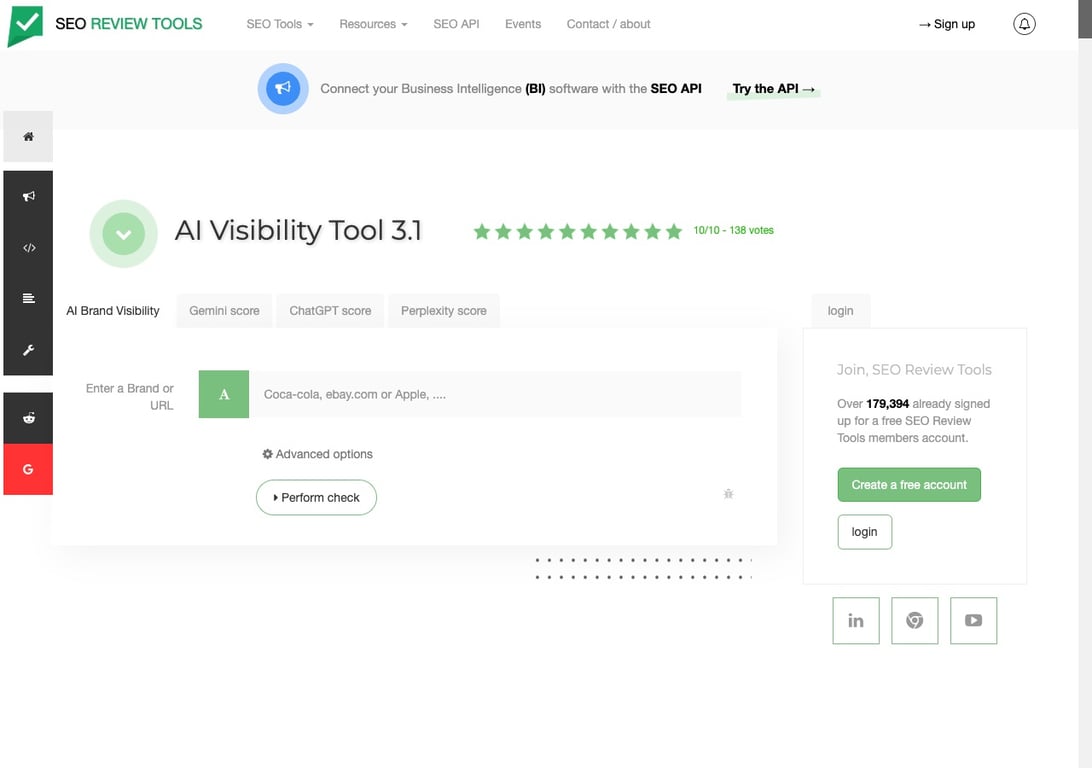 SEO Review Tools AI Visibility Tool 3.1 with separate Gemini, ChatGPT, and Perplexity brand visibility scores