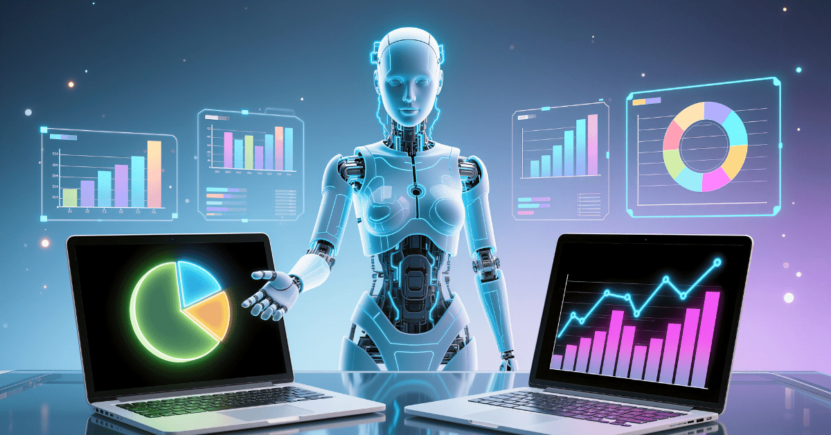Futuristic female robot or AI presenting digital marketing charts and performance data on surrounding screens and laptop monitors.