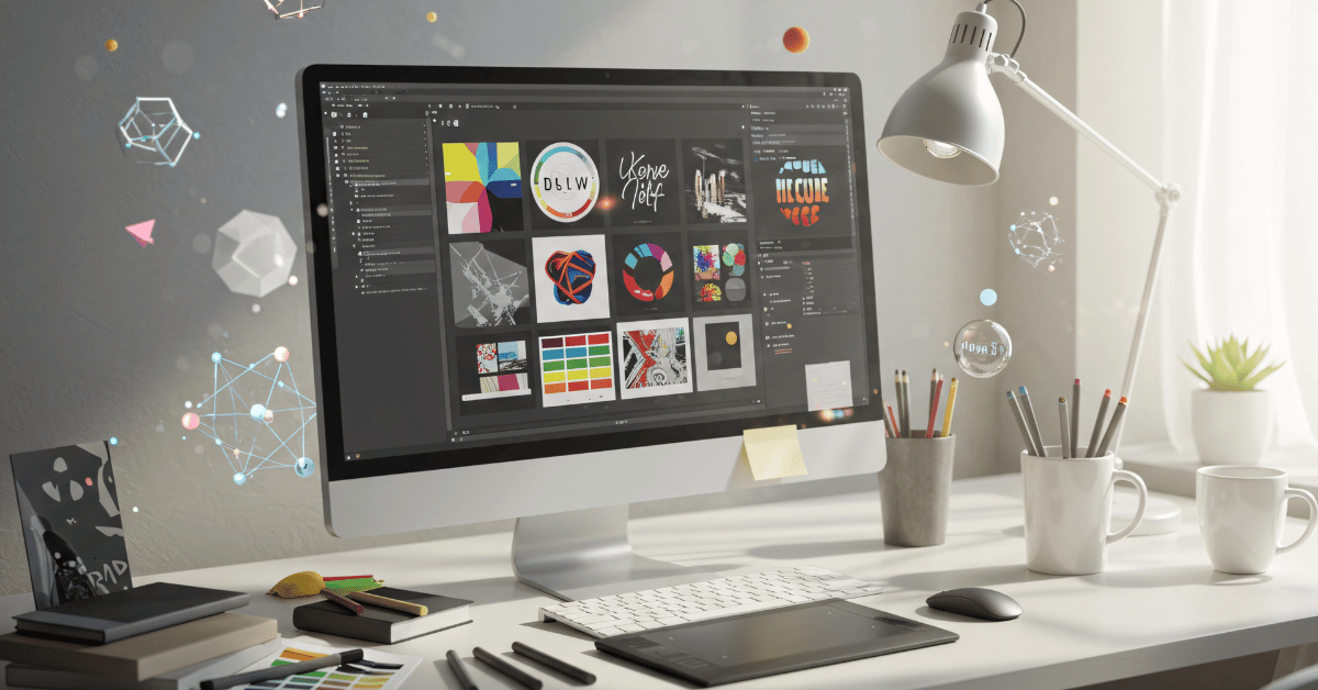 Creative workspace with a monitor displaying graphic design and branding projects, a drawing tablet, and colorful pencils.