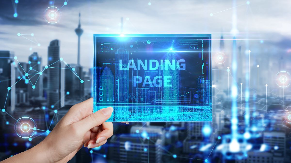 Hand holding a digital screen showing 'Landing Page' with a city and network icons.