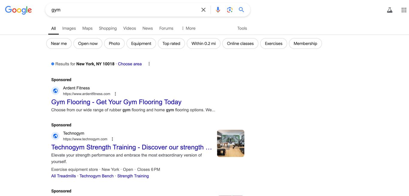 谷歌搜索“gym”结果 前几个均为付费广告