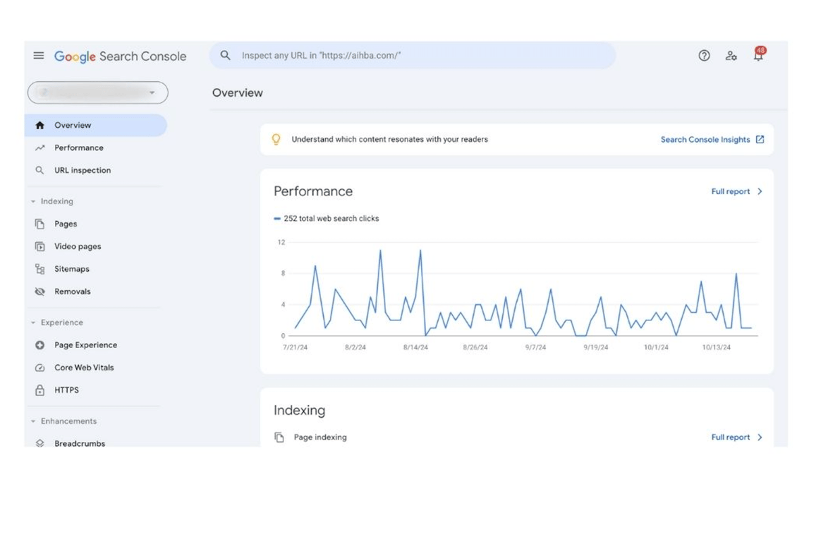 Screenshot of Google Search Console dashboard showing website performance over time, including total web search clicks and indexing status.