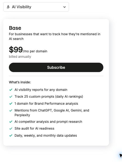 Semrush AI Visibility Base plan price, prompt allowance, model coverage, and included research features