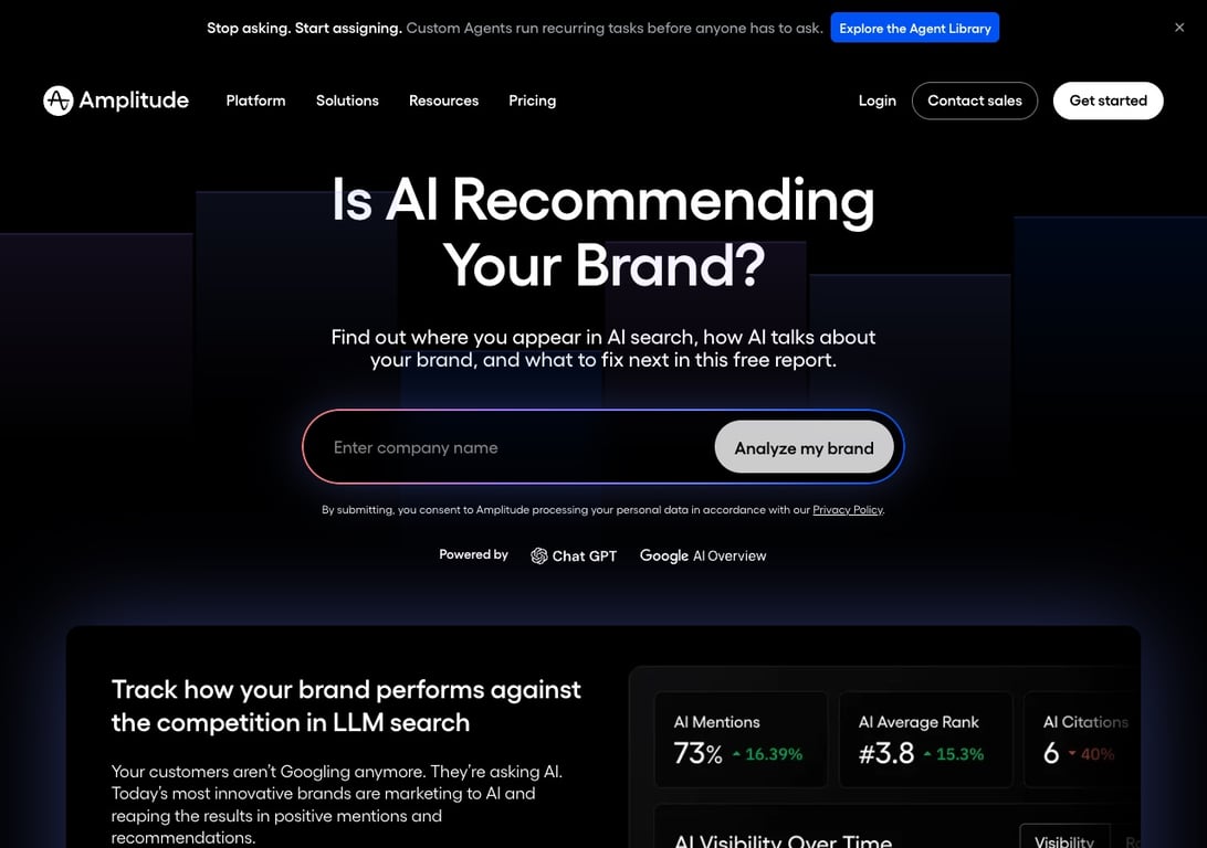 Amplitude free AI visibility report page asking Is AI Recommending Your Brand with an Analyze my brand form