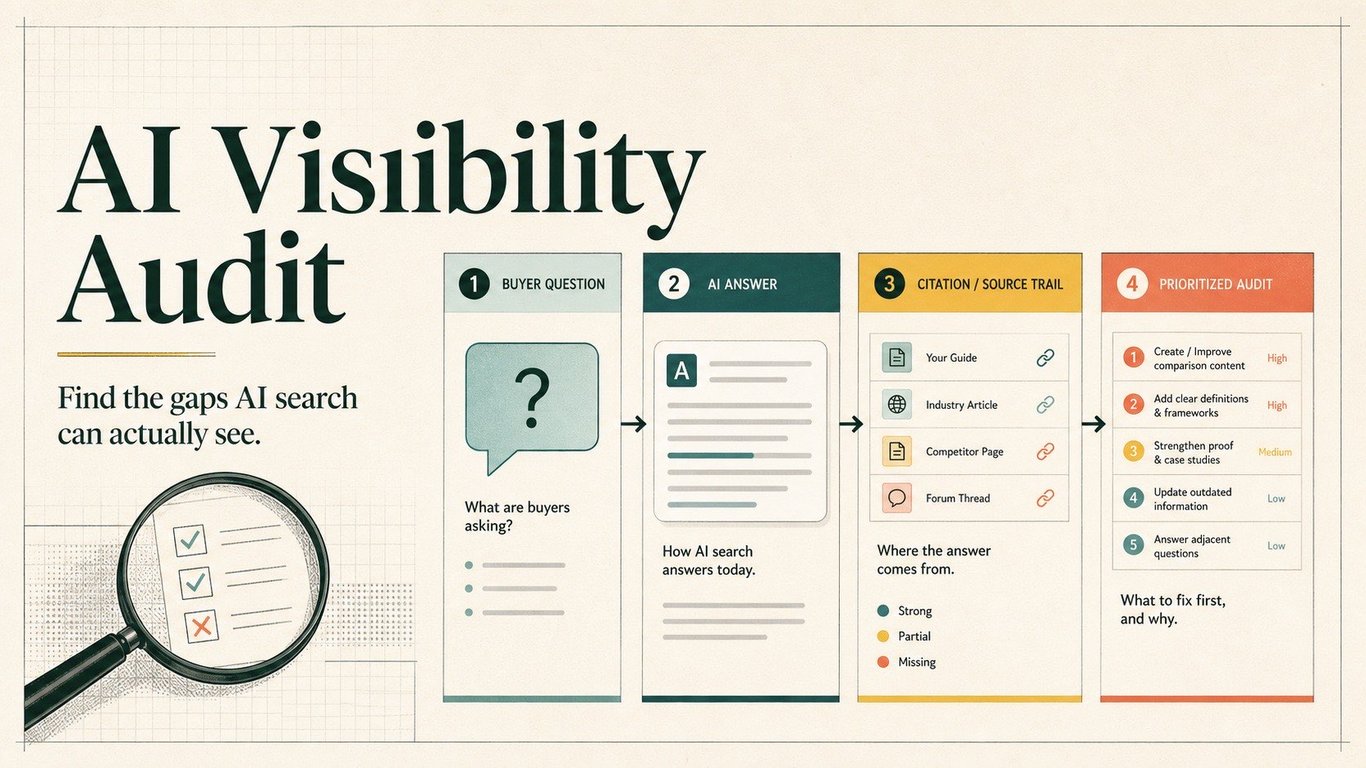 AI visibility audit editorial diagram showing buyer question, AI answer, citation trail, and prioritized audit