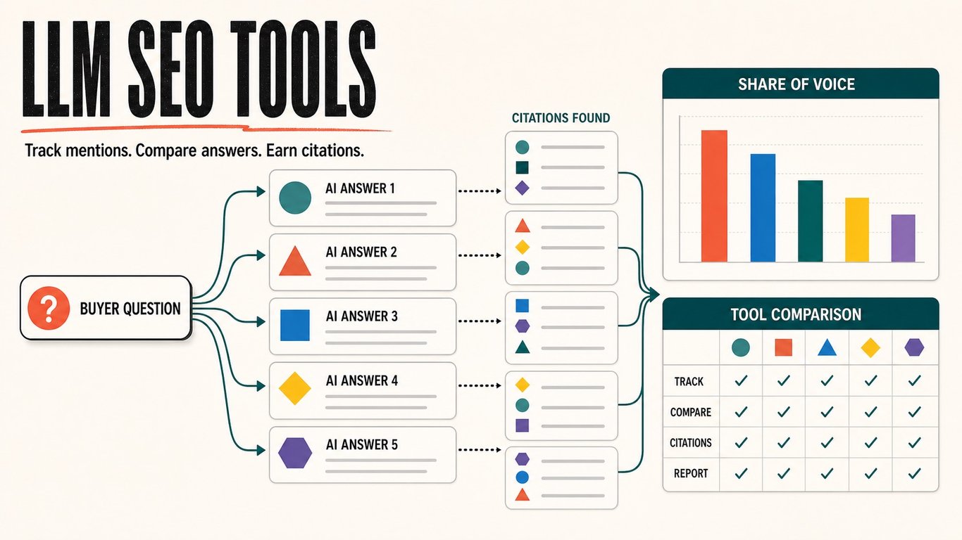 LLM SEO tools editorial workflow showing buyer questions, AI answers, citations, share of voice, and tool comparison