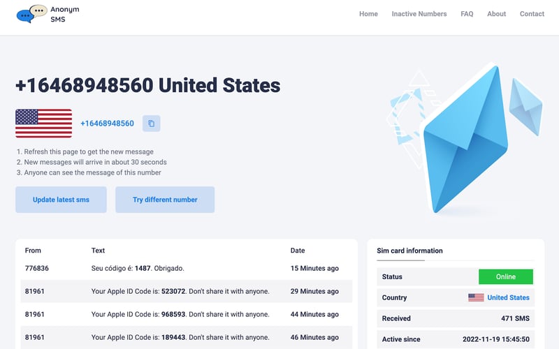 AnonymSMS - Receive SMS Online screenshot 1