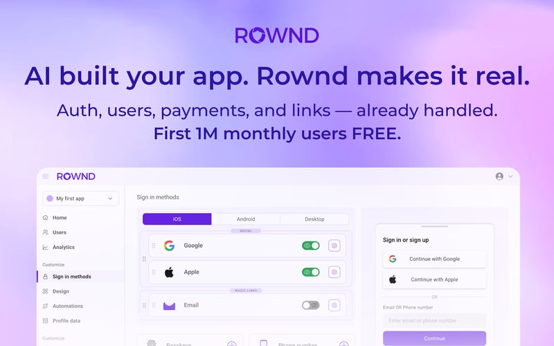 Rownd App Services Platform; 1M MAU Free screenshot 2