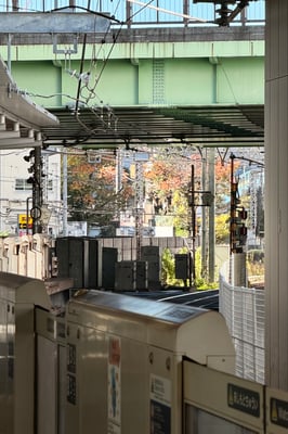 Train track in an urban environment with raised pavement and lots of cables running across on an autumn day with red leaves