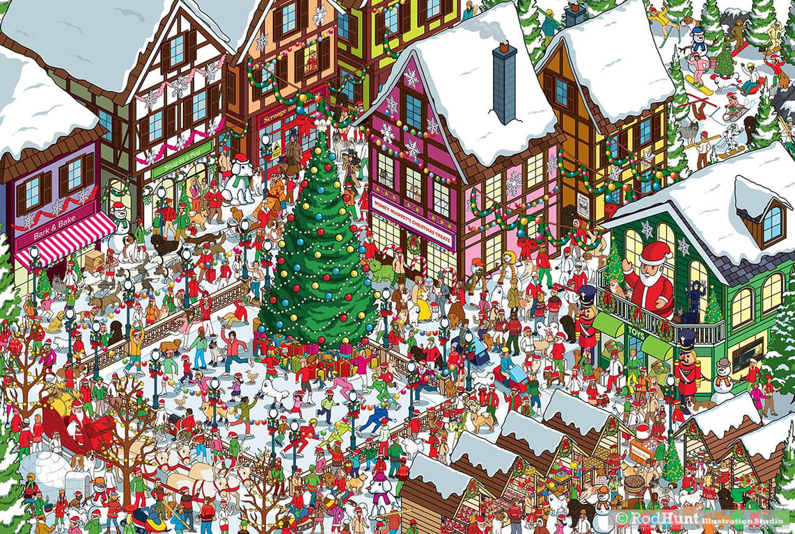 Rod Hunt Santa Paws is Coming to Town -Where’s Your Dog? Personalised Christmas Search and Find Dog Book Illustration