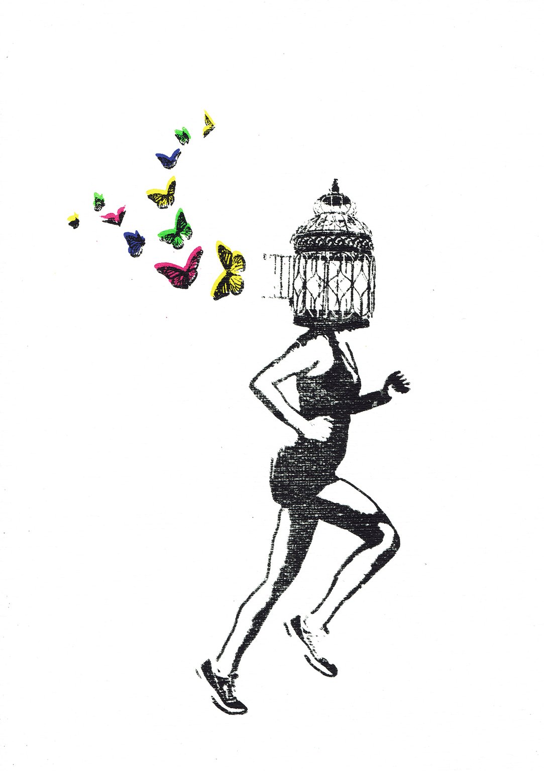 Katie Edwards 1-freedom-birdcage-butterflies-running-mentalhealth-screenprint-katie-edwards-illustration-artjpg