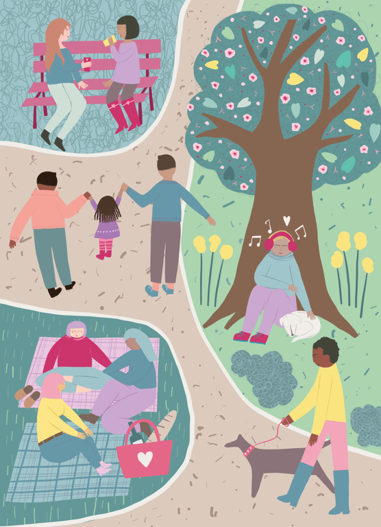 Tasha Goddard People in a park. Illustrated by Tasha Goddard for DK Books.