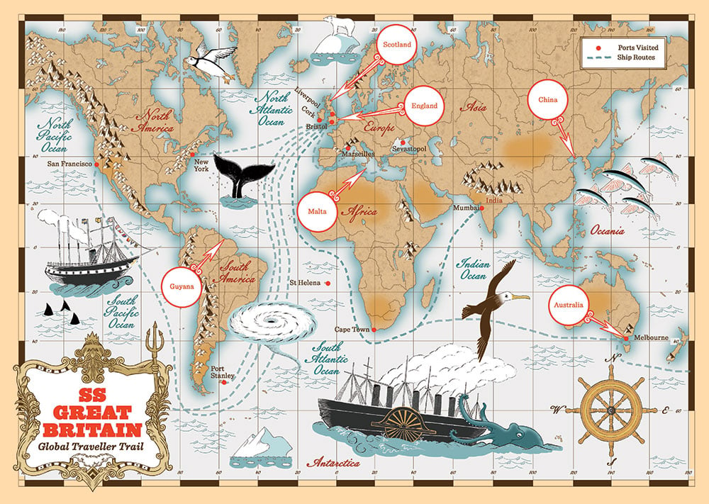 Sally Barnett (INKYMOTES) Global Traveller Trail – SS Great Britain – A3 World Map