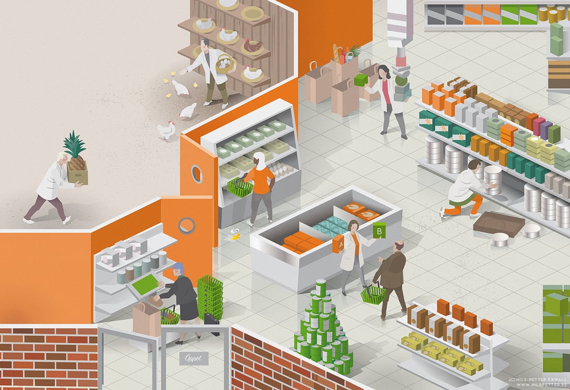 Nils-Petter Ekwall Atea – editorial illustration – IT services depicted as a grocery store; Locally production (of eggs) Suppliers / data centers in cloud (man delivering pineapples), customer checking orders (self-service checkout), clear cost structure (ready picked groceries), modern technology – new hard drives etc (employee picks out expired products from shelves), employee helping customer (checking quality and helping customers choosing the right products). Client: Atea